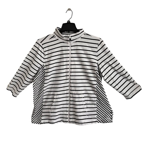 T By Talbots Womens Striped Zip-Up Jacket 3/4 Sleeve 2X Black & White Nautical - Picture 1 of 10